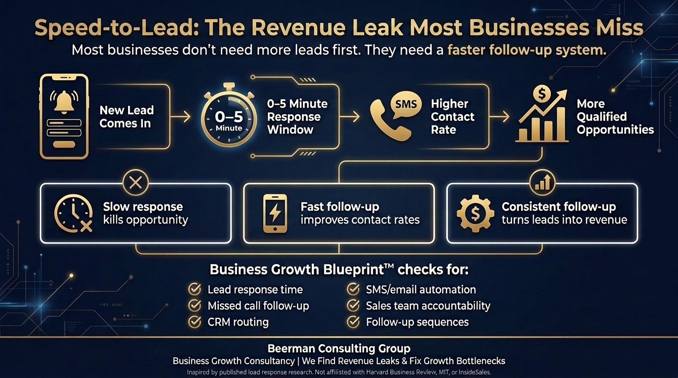 Speed-to-Lead revenue leak infographic showing how faster lead response improves contact rates and qualified opportunities.